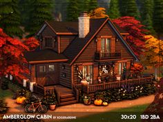 an image of a house in the woods with pumpkins and trees around it for halloween