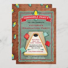 a flyer for a graduation party with an image of a cornhole game on it