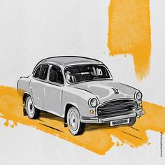 an old fashioned car painted in yellow and grey on a white background with orange spots