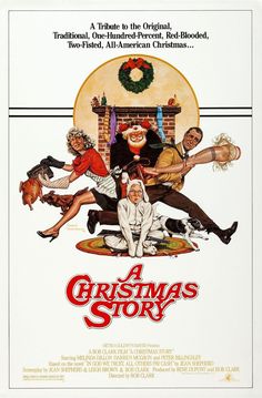 a movie poster for a christmas story with people sitting on the floor in front of a fireplace