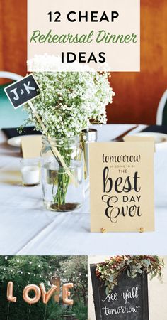 the table is set up with flowers and signs