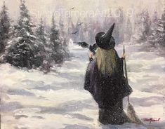 a painting of a man walking in the snow with a bird on his shoulder and an owl flying above him