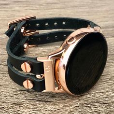 High Quality 7mm Genuine Leather Bracelet For Samsung Galaxy Watch 42mm With Rose Gold Plated Brass Metal Connectors, Buckle Clasp & Rivets Includes Rose Gold Filled Sterling Silver Spacer Beads Comfortable Adjustable Size Women Fashion Wristband Designed & Handmade By Simeon D Jewelry Studio Please Measure Your Wrist As Pictured & Select Size Not For Other Models. Samsung Watch Is Not Included Follow My Studio On Social Media For More Designs Wristband Design, Gold Galaxy, Samsung Watch, Genuine Leather Bracelet, Wrist Jewelry, Samsung Galaxy Watch, Jewelry Studio, Watch Model, Black Watch