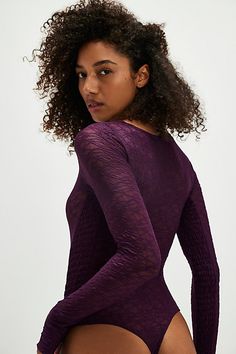 Sheer mesh is embroidered to perfection with this flattering long-sleeve bodysuit from Intimately. **Fit:** Form-fitting, thong bottom **Features:** Sheer mesh fabrication, boat neckline, embroidered texture, thumb holes, button gusset **Why We | Hello Gorgeous Bodysuit by Intimately at Free People in Purple, Size: S Radiant Orchid, Boat Neckline, Hello Gorgeous, Blue Ombre, Long Sleeve Bodysuit, Free People, Long Sleeve, Purple, Fabric