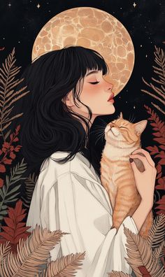 a woman holding a cat in front of a full moon with leaves around her neck