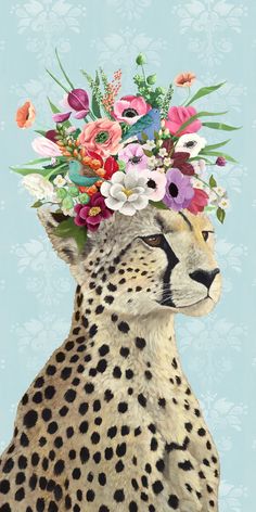 a cheetah with a flower crown on its head and flowers in it's hair