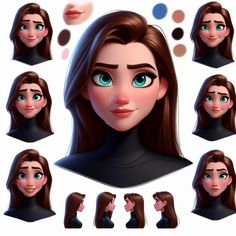 an animation character's face with different expressions and hair styles, including blue eyes