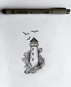 a drawing of a lighthouse with birds flying over it