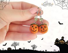 Halloween earrings gift Halloween jewelry gift Pumpkin earrings Pumpkin jewelry Orange pumpkin earrings gift Pumpkin polymer clay earrings 🎃 Pumpkin earrings will complement your image for Halloween  🎃 These earrings will be the perfect Halloween gift! Each pumpkin was hand sculptured from polymer clay without using any mold. I used high quality polymer clay. Length with hooks is about 5cm/1,77  inches Diameter pumpkin is about  1,4 cm/0,55 inches ✿ THESE EARRINGS ARE READY TO SHIP! ✿ Real colors may slightly differ from one monitor to another, as it depends on specific monitor settings. ✿All my jewelry packed in a gift box ♥ Thank you for visiting my shop.♥ *To see more items please click here: http://etsy.me/2nnrK5N *Before shopping, don't forget to read my Policies: http://etsy.me/2ns Handmade Halloween Earrings Gift, Handmade Spooky Earrings For Gift, Handmade Polymer Clay Halloween Jewelry, Spooky Orange Jewelry For Gifts, Spooky Orange Jewelry Gift, Blue And White Earrings, Blue Bridal Earrings, Pumpkin Jewelry, Image Halloween