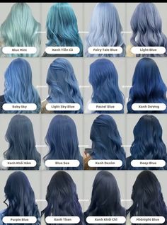 #волосы Different Shades Of Blue Hair Color, Different Blue Hair Colors, Shades Of Blue Hair Dye, Pastel Blue Hair Aesthetic, Types Of Hair Dye Techniques, Cool Toned Blue Hair, Blue Ash Hair, Blue Hair Shades, Types Of Hair Dye Style