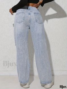 Bjux - Chic Light Blue Distressed High Waist Straight Leg Jeans with Slash Pockets - Womens Casual Non-Stretch Denim Pants Stretch Denim Pants, Straight Leg Pant, Womens Casual, Straight Leg Pants, Denim Pants, Stretch Denim, Straight Leg Jeans, Leg Jeans, Casual Women