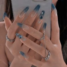 Nails 2023 Baddie, Icicle Nails Korean, Korean Acrylic Nails, Blue Douyin Nails, Asian Acrylic Nails, Extreme Nail Art, Korean Glass Nails, Grunge Nails