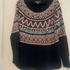 Beautiful Deep Navy Blue Sweater With White/Red Detail Design. Never Worn! Brand New Casual Blue Sweater With Fair Isle Pattern, Casual Blue Fair Isle Sweater, Green Sweater Women, Burnt Orange Sweater, Cable Knit Sweater Womens, Olive Green Sweater, Deep Navy Blue, Detail Design, Navy Blue Sweater