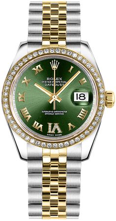 178383 | M178383-0005 ROLEX DATEJUST 31 LUXURY WOMEN'S WATCH Store Display Model (What's This?) - With Manufacturer Serial Numbers - Swiss Made - Olive Green Dial with Roman Numerals - Roman Numeral Hour Markers     Large VI Set with Diamonds - Solid 18k Yellow Gold Domed Diamond Bezel     46 Diamonds Set on Bezel - Cyclops Lens Date Feature     Instantaneous Date with Rapid Setting Feature - Stop-seconds Feature for Precise Time Setting - 48 Hour Power Reserve - Self-winding Automatic Movement     COSC Superlative Chronometer Certified - Rolex Caliber 2235 - Vibrations Per Hour: 28,800 - Jewels: 31 - 6 Year Warranty - Guaranteed Authentic - Certificate of Authenticity - Manufacturer Box & Manual - Brushed with Polished 904L Oystersteel Stainless Steel Case - Brushed 904L Oystersteel Stain Gold Diamond Watches, Rolex Women, Oyster Perpetual Datejust, Rolex Men, Dior Jewelry, Authentic Watches, Rolex Oyster Perpetual, Rolex Oyster, Green Diamond