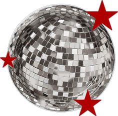 a silver disco ball with red stars around it