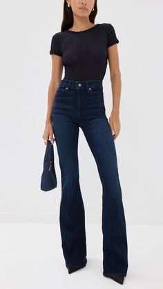 Find FRAME Le High Flare Jeans on Editorialist. Fabric: Heavyweight, super-stretch denim. Button at waist and zip fly. 5-pocket styling. Shell: 90% cotton/5% elastane/5% recycled polyester. Wash cold. Imported, Turkey. Measurements: Measurements from size 24 Rise: 9in / 23cm Inseam: 34.25in / 87cm Leg opening: 21.25in / 54cm Flared Jeans With Heels Outfits, Jeans With Heels Outfits, Everyday Glam, Jeans With Heels, Heels Outfits, Flared Jeans, High Jeans, Flare Jeans, Stretch Denim