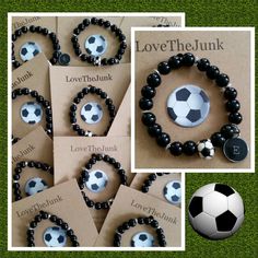 a collage of pictures with soccer balls and bracelets on them, including love the junk