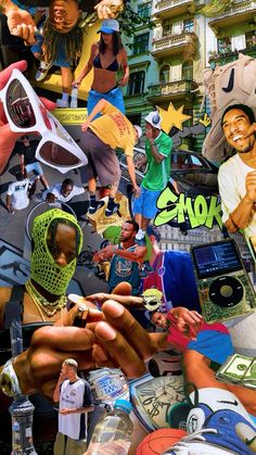 a collage of people with various items in their hands and the image is made up of them