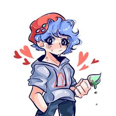 a drawing of a boy with blue hair holding a green leaf in his hand and looking at the camera