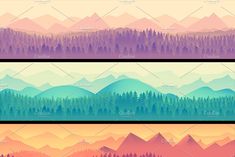 three horizontal banners with mountains and trees