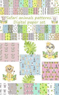 the digital paper set includes many different animals and plants in pastel colors, including green leaves