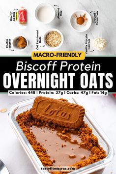 an image of a chocolate covered cake in a pan with the words biscoff protein overnight oats on it