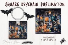 two key chains with pictures of witches and pumpkins on them, one is hanging from the