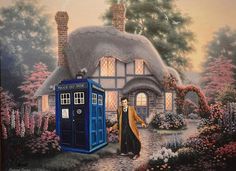 a painting of a doctor who is next to a house