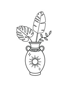 a black and white drawing of a vase with plants in it