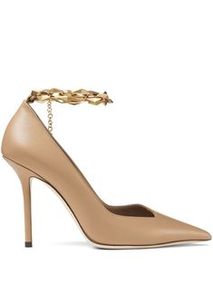 almond beige calf leather smooth grain chain-link detailing logo charm pointed toe ankle strap branded insole 100mm high stiletto heel rubber sole Beige High Heels, Classic Pumps, Ankle Strap Pumps, Ballet Pumps, Boot Pumps, Jimmy Choo Shoes, Pump Sandals, High Heel Pumps, Leather Pumps