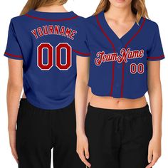 Custom Women's Royal Red-White V-Neck Cropped Baseball Jersey Cropped Baseball Jersey, Cropped Jersey, Custom Baseball Jersey, Baseball Outfit, Baseball Women, Alpha Kappa Alpha, Number 3, Shirts For Women, Baseball Shirts