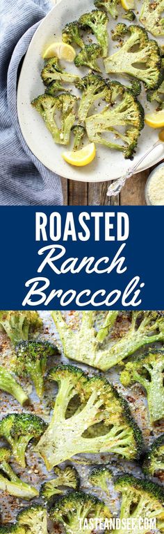 roasted broccoli with lemons and gravy on a white platter