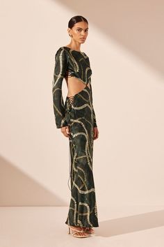 Long sleeve lace up maxi dress in the exclusive Noa print in a luxurious silk satin. Shona Joy, Multi Dress, Long Sleeve Lace, Silk Satin, Rosemary, Lace Up, Maxi Dress, Satin, Silk