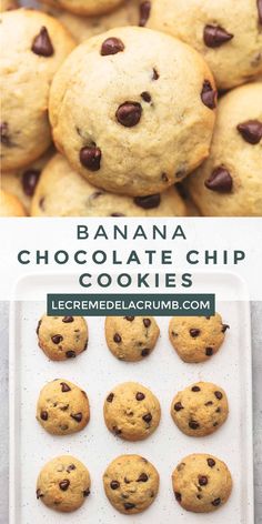 banana chocolate chip cookies on a baking sheet and in the background is an image of bananas with chocolate chips