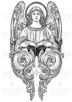 an angel reading a book with swirls and wings on it's head, in black and white