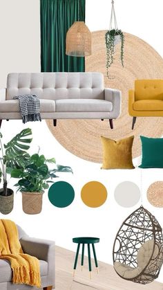 a living room with green and yellow accents in the color scheme, including couches, chairs