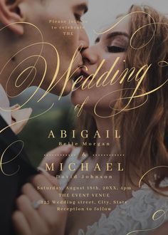 a couple kissing in front of the words wedding of abigail and michael on their wedding day