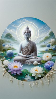 the buddha statue is surrounded by flowers and water lillies in front of a white background