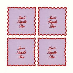 four pink napkins with red scalloped edges and the words bon's tequila on them