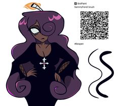 a woman with purple hair and a cross on her shirt is standing in front of a qr code