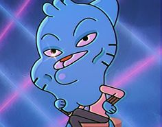 an animated character holding a toothbrush in front of a purple and blue background with lines