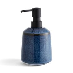 a blue soap dispenser sitting on top of a white surface with a black handle