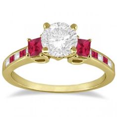 Princess Cut Diamond & Ruby Engagement Ring 14k Yellow Gold (0.64ct) - Allurez.com Pink Sapphire Engagement Ring, Engagement Rings Channel Set, Three Stone Diamond Rings Engagement, Pink Sapphire Ring Engagement, 3 Stone Engagement Rings, Channel Setting, Princess Cut Rings, Princess Cut Engagement Rings, Stunning Engagement Ring