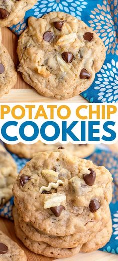 chocolate chip cookies are stacked on top of each other with the words potato chip cookies above them