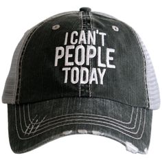 Let the World Know “I Can’t People Today” Help your customers broadcast to the world, “I Can’t People Today,” with our cute wholesale hats. This relatable message applies whether you’re headed to the beach or running errands, so these comfy hats will quickly become a staple for your customers. created by Katydid embroidered women’s trucker hats with curved bills lightly distressed for a worn finish adjustable tabs for the perfect fit breathable mesh backs 80% cotton and 20% polyester one size fi Lake Hair Styles, Distressed Cap, Funny Gifts For Her, Women Trucker, Distressed Baseball Cap, Distressed Hat, Hat Ideas, Womens Baseball Cap, Embroidered Hats