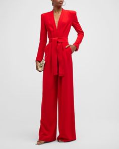 A.L.C. Kieran II Tailored Wide-Leg Jumpsuit | Neiman Marcus Luxury Sleek Wide-leg Pantsuit, Evening Wide-leg Fitted Jumpsuit, Chic Red One-piece Jumpsuit, Luxury Red High-waisted Wide Leg Pants, Luxury Red Wide-leg Pants, Wide Leg Jumpsuit, Bodice, Neiman Marcus, Full Length