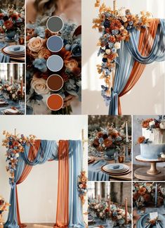 a collage of photos with different colors and flowers on it, including blue curtains