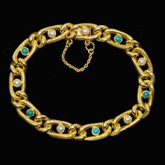 Gorgeous Victorian turquoise & pearl 15ct gold curb link bracelet This bracelet is set alternatively with turquoises and pearls The turquoises area vibrant colour and the pearls a creamy hew with silver lustre Crafted in 15ct gold the stones are collet set within an oval surround with cub link chain between them This beautiful bracelet looks stunning when worn   The stones are approx. 3.5mm The bracelet is 19 cm ( 7 1/2") long. It is 9mm ( 3/8" ) wide Concealed tongue & groove clasp with safety Victorian Bracelet, Safety Chain, Chain Link Bracelet, Beautiful Bracelet, Link Bracelets, Arm Band, Chain Link, Etsy Accessories, Jewelry Bracelets