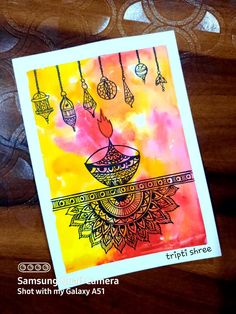 a card with an image of a chandelier on it