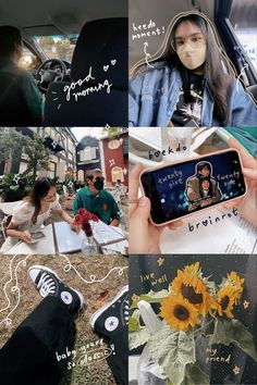 a collage of photos with people and sunflowers in the foreground, one person holding a cell phone